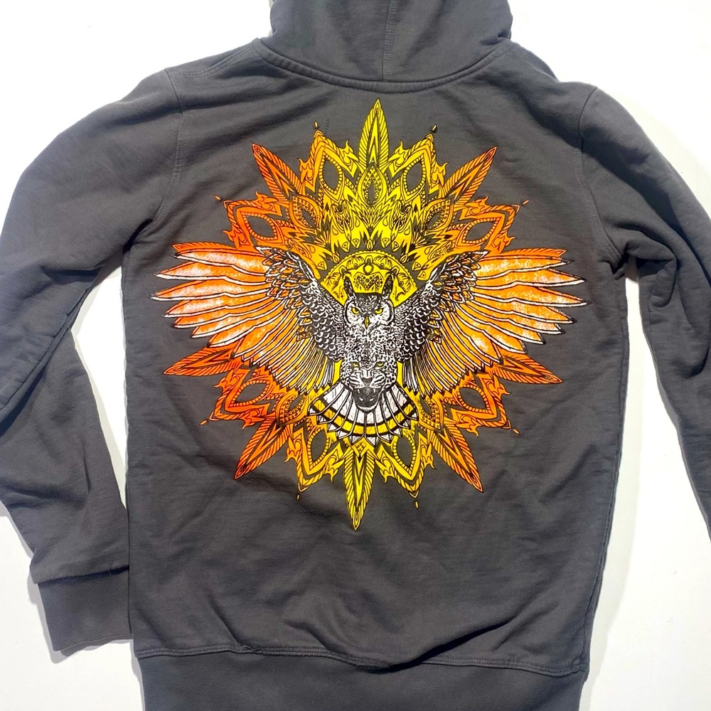 Liquid Dream Cotton Grey Yellow Orange Psychedelic Trippy Owl Graphic Hoodie S